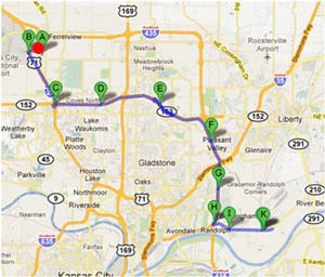 Map - Figure A.2.g is a map depicting Dynamic Route Guidance redirects on the Toyota to Grainger route showing the C44 - Comtrak trip. The red dot is the point of Dynamic Route Guidance redirect.