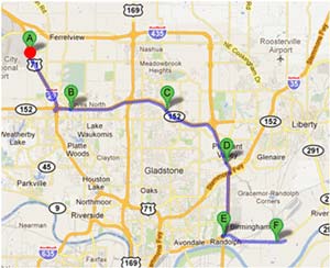 Map - Figure A.2.h is a map depicting Dynamic Route Guidance redirects on the Toyota to Grainger route showing the C52 - Comtrak trip. The red dot is the point of Dynamic Route Guidance redirect.