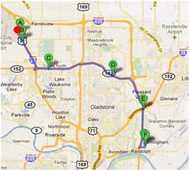 Map - Figure A.2.i is a map depicting Dynamic Route Guidance redirects on the Toyota to Grainger route showing the C28 - Comtrak trip. The red dot is the point of Dynamic Route Guidance redirect.