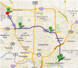 Map - Figure A.2.k is a map depicting Dynamic Route Guidance redirects on the Toyota to Grainger route showing the C39 - Comtrak trip. The red dot is the point of Dynamic Route Guidance redirect.