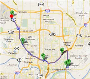 Map - Figure A.2.l is a map depicting Dynamic Route Guidance redirects on the Toyota to Grainger route showing the C49 - Comtrak trip. The red dot is the point of Dynamic Route Guidance redirect.
