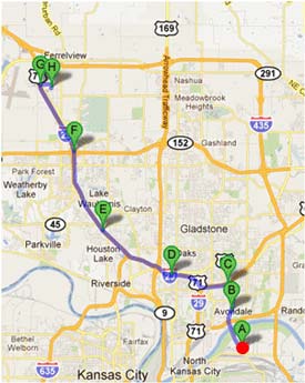 Map - Figure A.3.b is a map depicting Dynamic Route Guidance redirects on the UP to Toyota route showing the C50 - Comtrak trip. The red dot is the point of Dynamic Route Guidance redirect.