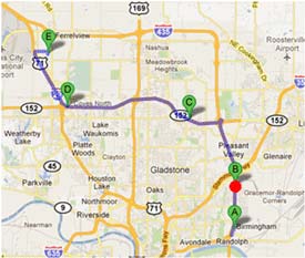 Map - Figure A.3.e is a map depicting Dynamic Route Guidance redirects on the UP to Toyota route showing the C40 - Comtrak trip. The red dot is the point of Dynamic Route Guidance redirect.