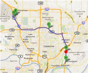 Map - Figure A.3.h is a map depicting Dynamic Route Guidance redirects on the UP to Toyota route showing the C46 - Comtrak trip. The red dot is the point of Dynamic Route Guidance redirect.