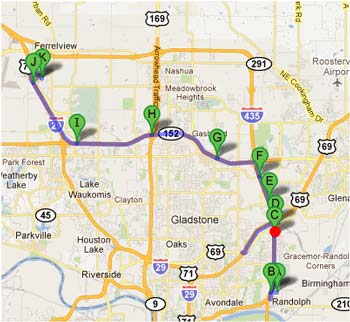 Map - Figure A.3.j is a map depicting Dynamic Route Guidance redirects on the UP to Toyota route showing the C36 - Comtrak trip. The red dot is the point of Dynamic Route Guidance redirect.