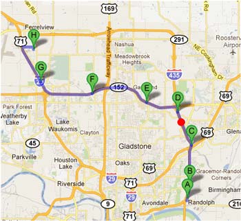 Map - Figure A.3.k is a map depicting Dynamic Route Guidance redirects on the UP to Toyota route showing the C41 - Comtrak trip. The red dot is the point of Dynamic Route Guidance redirect.