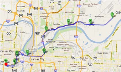 Map - Figure A.4.c is a map depicting Dynamic Route Guidance redirects on the BNSF to Musician’s Friend route showing the X09 - IXT trip. The red dot is the point of Dynamic Route Guidance redirect.