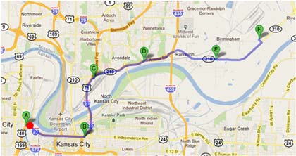 Map - Figure A.4.e is a map depicting Dynamic Route Guidance redirects on the BNSF to Musician’s Friend route showing the X13 - IXT trip. The red dot is the point of Dynamic Route Guidance redirect.