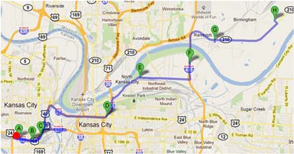 Map - Figure A.4.f is a map depicting Dynamic Route Guidance redirects on the BNSF to Musician’s Friend route showing the X16 - IXT trip. The red dot is the point of Dynamic Route Guidance redirect.