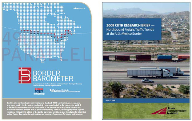 Figure 18. Graphic. Snapshot of Border Barometer and Northbound Traffic Trends Published Annually by BPRI/UB and TTI, Respectively. The graphic is made up of two images. The first image is the cover of the Border Barometer published by the Border Policy Research Institute and the University of Buffalo. The second image is the cover of the 2009 CIITR Research Brief — Northbound Freight Traffic Trends at the U.S.-Mexico Border published by the Texas Transportation Institute.