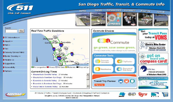 Figure 8. Screen Snapshots of the San Diego-area 5-1-1 system. The screen shot shows the San Diego 511 website’s San Diego Traffic, Transit and Commute Info page. It includes real-time traffic conditions, with a map of roads color-coded as no congestion, heavy, no data, moderate, and stop and go; and the current driving times of selected roadways. The page also includes commute choices, commuter tools (commute calculator, trip tracker, RideMatcher, and guaranteed ride home), a transit trip planner, and ads for other transit services and sponsors.
