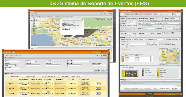 Figure 9. Screen snapshots of the planned nationwide 5-1-1 traveler information system in Mexico. The three screen shots are from the iGO Sistema de Reporte de Eventos (ERS). The first screen shot shows a map with pop-up information about a point on the map. The second screen shot shows a list of events (e.g., accidents and incidents), which can be filtered. The third screen shot shows a “manage events” screen where the user can input specific details about the event (e.g., type of event, time, location, and severity).