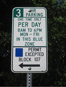Photo of a 3-hour blue zone parking sign.