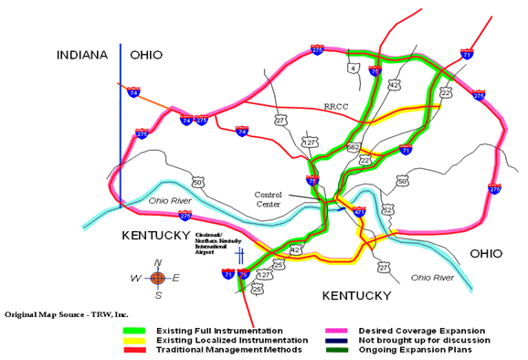 Figure 2-4 shows a map of the freeway and major roadway network for the Cincinnati metropolitan area. Roadways are colored according to if they have existing instrumentation, or are desired corridors for coverage expansion. Many of the radial freeways inside the Interstate 275 beltway are indicated as having existing coverage, the majority of the beltway is indicated as desired coverage expansion.