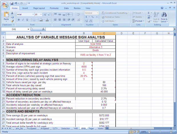 Figure 4-1 shows a computer screen capture of the Screening for Intelligent Transportation Systems benefit/cost spreadsheet tool, displaying a data input page for analyzing variable message signs.