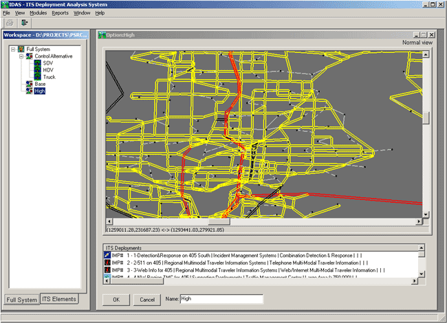 Figure 4-3 shows a computer screen capture of the Federal Highway Administration developed Intelligent Transportation Systems Deployment Analysis System software. The display shows a stick depiction of a regional roadway model network, and below a list of Intelligent Transportation Systems Deployments included in the example.