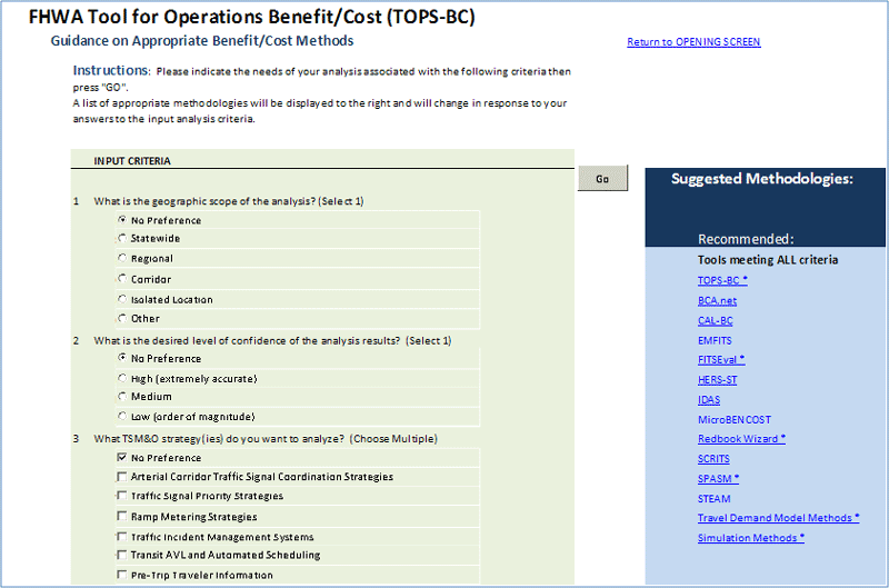 Figure 4-8 shows a computer screen capture of the Method Selection worksheet of the Tool for Operations Benefit/Cost spreadsheet tool.