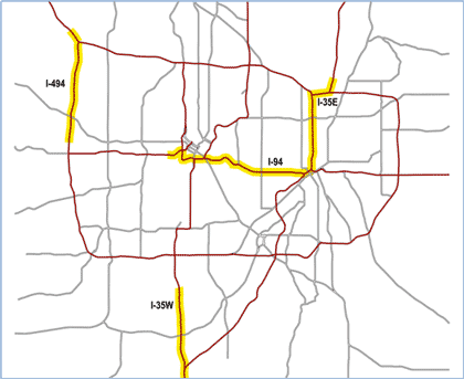 Figure 5-2 shows a high-level map of the freeway and major arterial roadway network in the Minneapolis/St. Paul metropolitan region. Segments of four corridors (Interstate 494, Interstate 94, Interstate 35 East and Interstate 35 West) are highlighted to indicate their selection as representative corridors.