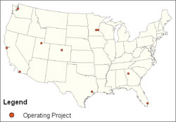 Map identifying the 10 projects located in 8 states that have implemented HOT lanes.