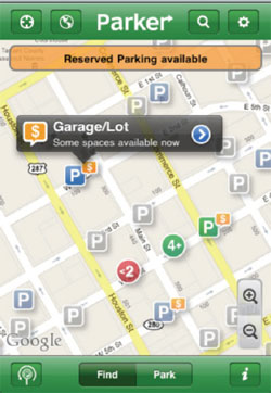 Screen capture of the Parker smartphone application.  The application is identifying available parking locations in the user’s selected area of town.