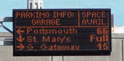 Photo.  Example of dynamic parking capacity displayed on an information sign in San Francisco. Space availability is indicated for three parking garages.
