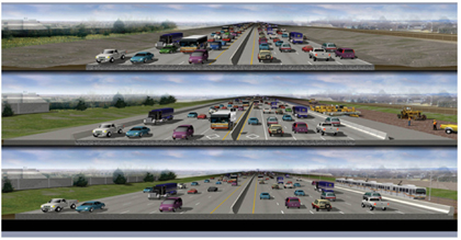 Artist's rendering of before, during, and after scenes of HOV lane use and adjacent rail transit traffic for an interstate highway construction project.