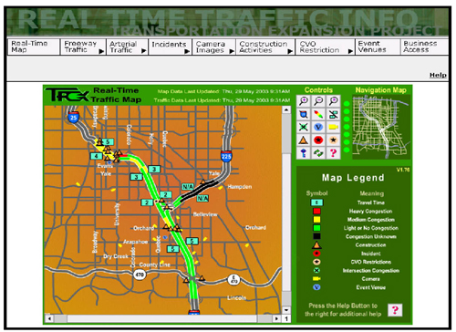 Screen shot of web page showing real-time traffic congestion on a map of Denver.