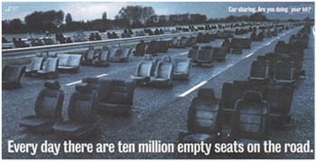 Staged photo from a public service message showing hundreds of empty car and bus seats lined up on a highway. Every day there are ten million empty seats on the road.