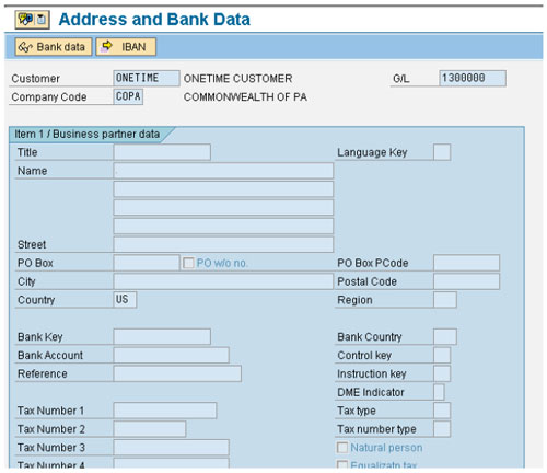 Screenshot of screen 1 of the Pennsylvania Cost Recovery Tracking System, showing address and bank data.