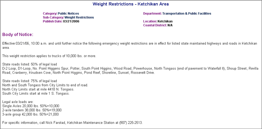 Example weight restriction notice for the Ketchikan Area.
