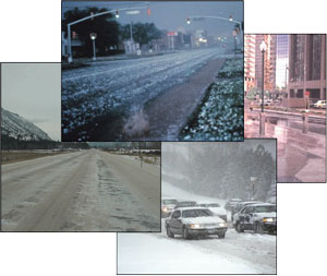 Collage of photos of snow-covered roads.
