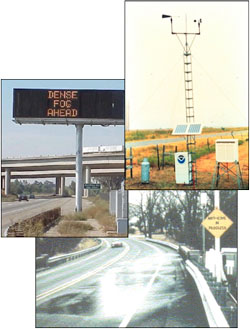 Photo collage of variable message signs and static road condition signs.