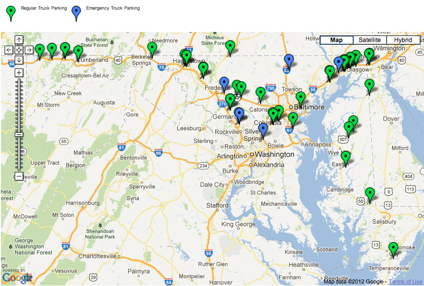 Map of Maryland showing regular and emergency parking locations for trucks.