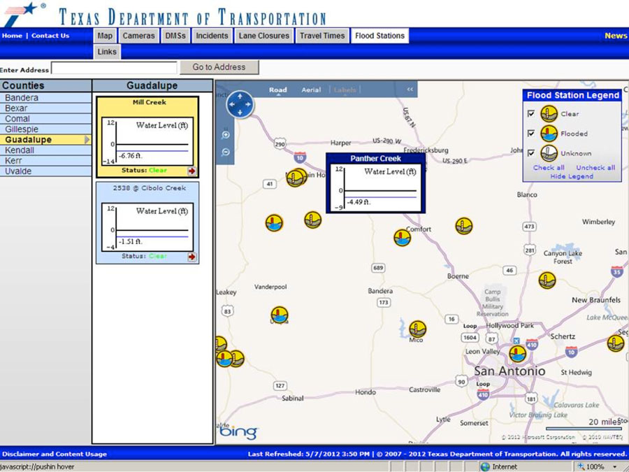 Screenshot of Texas DOT high water detection software