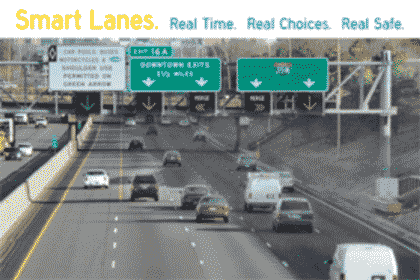 Picture of a five-lane highway with the label “Smart Lanes. Real Time. Real Choices. Real Safe.”; above it.