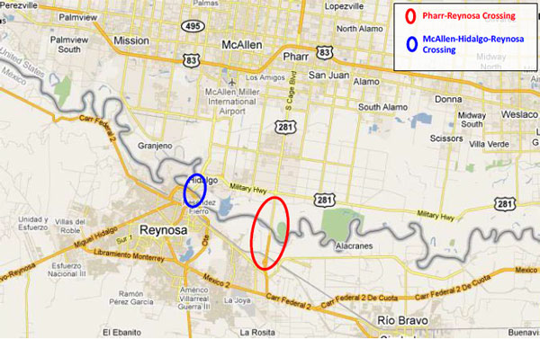 Figure 10. Map. Pharr-Reynosa (red circle) and McAllen-Hidalgo-Reynosa border crossings (blue circle). This map of the Reynosa area shows the location of the Pharr-Reynosa crossing on US 281 and the McAllen-Hidalgo-Reynosa crossing to the west of it.