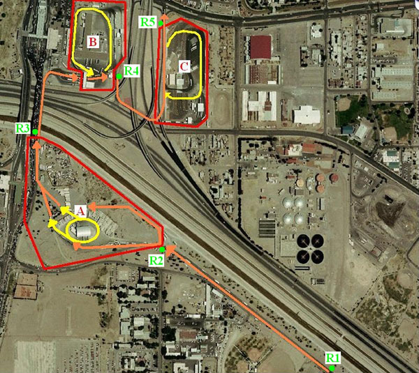 Figure 15. Map. BOTA showing Federal and State inspection facilities and initial RFID reader locations. This photo shows an aerial view of the facilities at the Bridge of the Americas (BOTA). Red lines outline the three distinct facility compounds at BOTA: (A) Mexican Export Lot, (B) US Federal compound, and (C) Border Safety Inspection Facility. Orange lines indicate the basic direction of flow for all US-bound trucks crossing the border. Yellow lines indicate internal routes within a compound taken by trucks selected for secondary inspection. Green dots indicate the location of originally proposed reader sites (labeled with R and a number). Trucks pass R1, pass R2, go through the Mexican Export Lot, pass R3, go through the US Federal compound, pass R4, go through the Border Safety Inspection Facility, and pass R5.