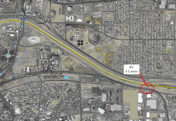 Figure 16. Map. Final location of first RFID reader station in Mexico. This photo shows an aerial view of the first radio frequency identification reader station in Mexico (R1, four lanes). The yellow line is the international border along the Rio Grande.