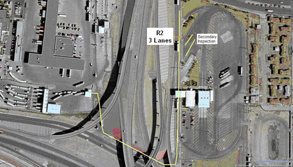 Figure 17. Map. Location of RFID reader station at the exit of the State inspection facility on the US side of the border. This photo shows an aerial view of the radio frequency identification reader station at the exit of the State inspection facility on the US side of the border (R2, three lanes). The yellow line is the generally counter-clockwise direction of flow of trucks that have left the Customs and Border Protection facility and are cleared to depart without secondary inspection.
