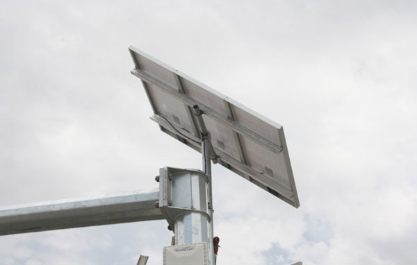 Figure 24. Photo. Solar panel installed at Ciudad Juárez, Mexico. This photo shows hardware installed on the Ciudad Juarez side, specifically the solar panel.