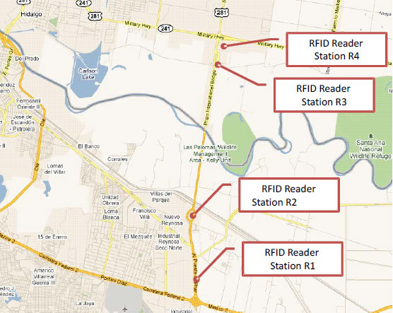 Figure 34. Map. Pharr and Reynosa showing RFID reader locations. This map shows the locations of the radio frequency identification (RFID) reader stations at the Pharr Reynosa International Bridge. RFID reader stations R4 and R3 are on the US side, and RFID reader stations R2 and R1 are on the Mexico side. The stations are numbered in order from south to north.