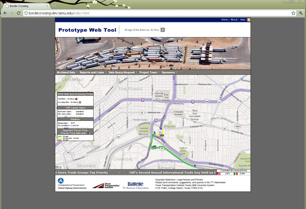 Figure 38. Image showing snapshot of the prototype Web tool page to view real-time information. This screenshot shows the Prototype Web Tool page, which has real-time information (most recent truck wait and crossing times) shown on a map.