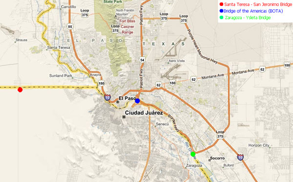 Figure 4. Map. El Paso area with commercial vehicle crossings. This map of the El Paso and Ciudad Juarez area (along the US-Mexico border) shows the location of the Santa Teresa-San Jeronimo Bridge west of El Paso, the Bridge of the Americas slightly east of El Paso, and the Zaragoza-Ysleta Bridge southeast of El Paso.