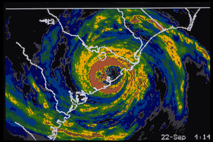 A radar weather picture showing a hurricane over the coast of the Carolinas.