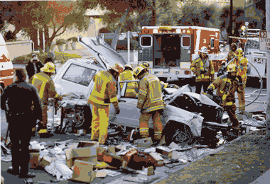 Picture of incident responders at a severe crash with a destroyed vehicle, injured persons, and debris.