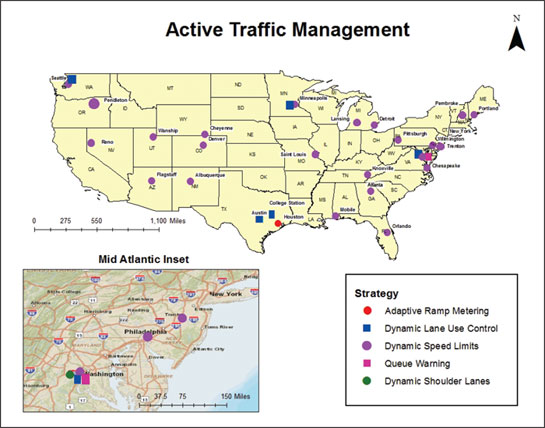Figure 4. Graphic of current ATM deployments in the United States. This map shows where the following active traffic management (ATM) strategies are being deployed across the U.S.: adaptive ramp metering; adaptive traffic signal control; dynamic lane use control; dynamic speed limits; queue warning; and dynamic shoulder lanes.  The most common ATM strategy deployed is dynamic speed limits.