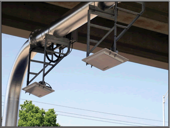 A photograph of two overhead readers mounted above the traveled way.