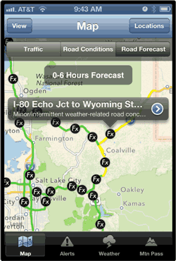 Graphic - Picture of a screen capture on a mobile device, a map showing traffic and road condition information.