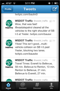 Graphic - Picture of a screen capture on a mobile device showing tweets from the Washington State Department of Transportation.