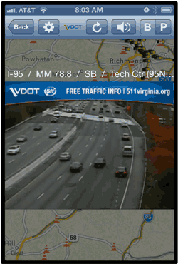 Graphic - Picture of a screen capture on a mobile device showing Virginia Department of Transportation’s traffic smartphone app – real time images of interstate travel conditions.